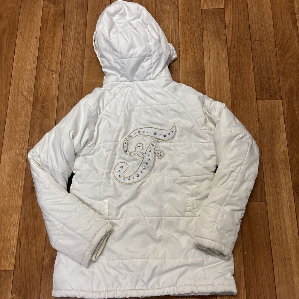 Vintage Fubu Puffer‎ Jacket Ladies Collection Size Medium White Y2K Gold Detail